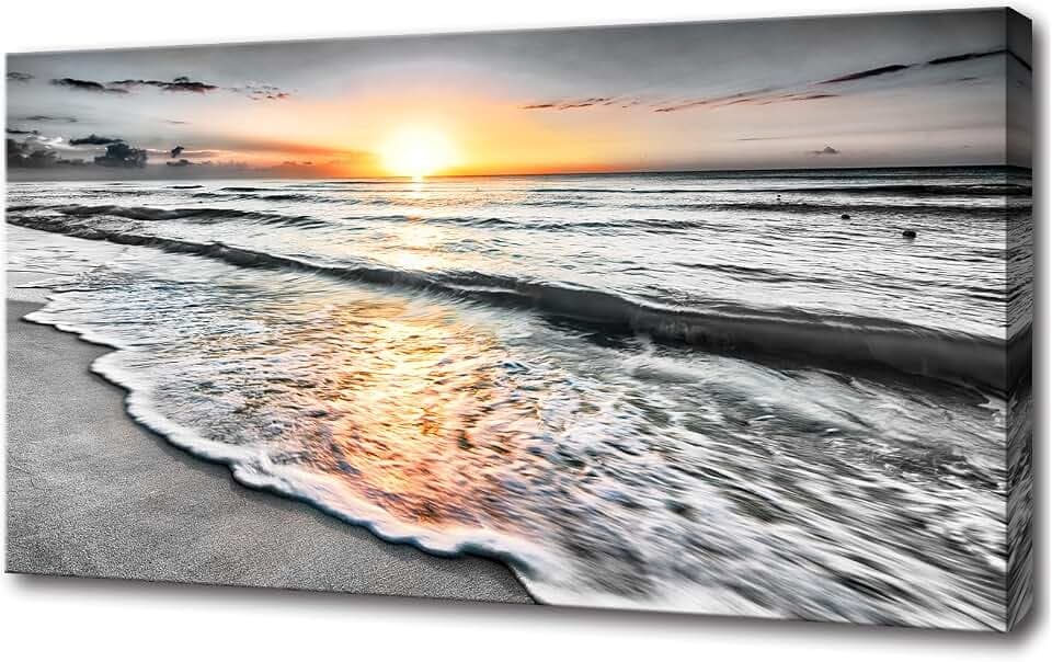 Bamdeya Large Size Wall Art Bedroom Black white Beach Wall Art Sunset Ocean Picture Painting Sea Decor Poster Office Artwork Living Room Decor Kitchen Prints Art Framed Canvas Decorations 24x48