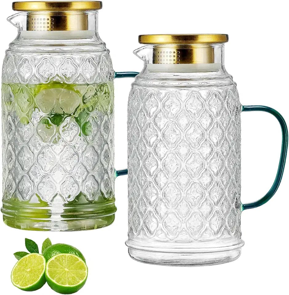 Buaic Glass Pitcher with Lid, 2 PACK 68 oz/2 Liter Vintage Water Pitcher