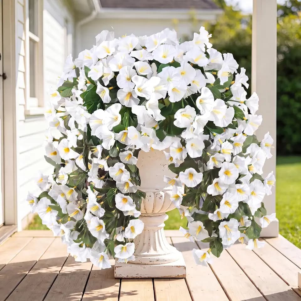 Sggvecsy Artificial Fake Hanging Flowers Plants for Outdoor Outside Spring Summer Decoration 4PCS Faux Silk UV Resistant Realistic Morning Glory Trailing Vines for Home Porch Patio Balcony(White)