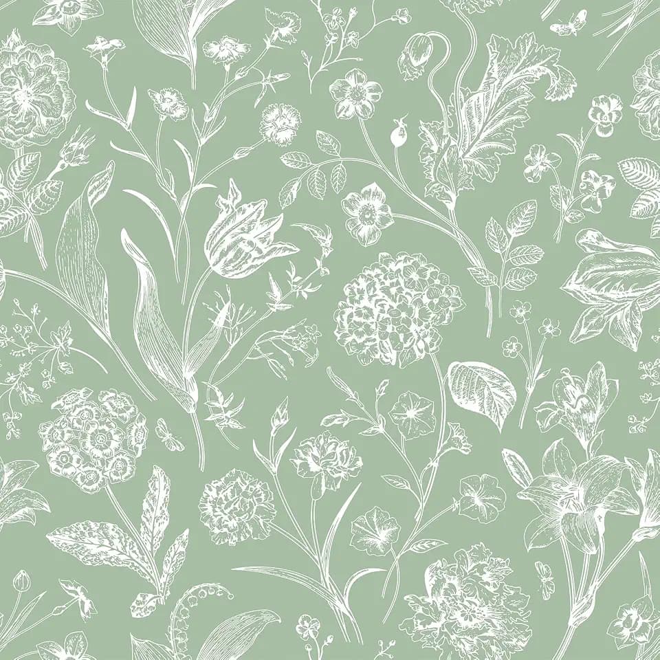 VEELIKE Sage Green Floral Peel and Stick Wallpaper Cottage Flower Wallpaper for Bedroom Nursery 17.7''x354'' Self Adhesive Removable Boho Floral Wall Covering for Bathroom Living Room Furniture Decor