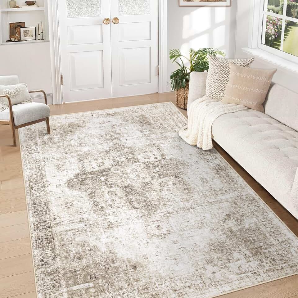 Area Rug 5x7 Washable Rug, Vintage Boho Medallion Rugs Non-Slip Soft Low Pile Large Distressed Rug Indoor Retro Carpet for Living Room Bedroom Dining Room Home Office (Taupe, 5'x7')