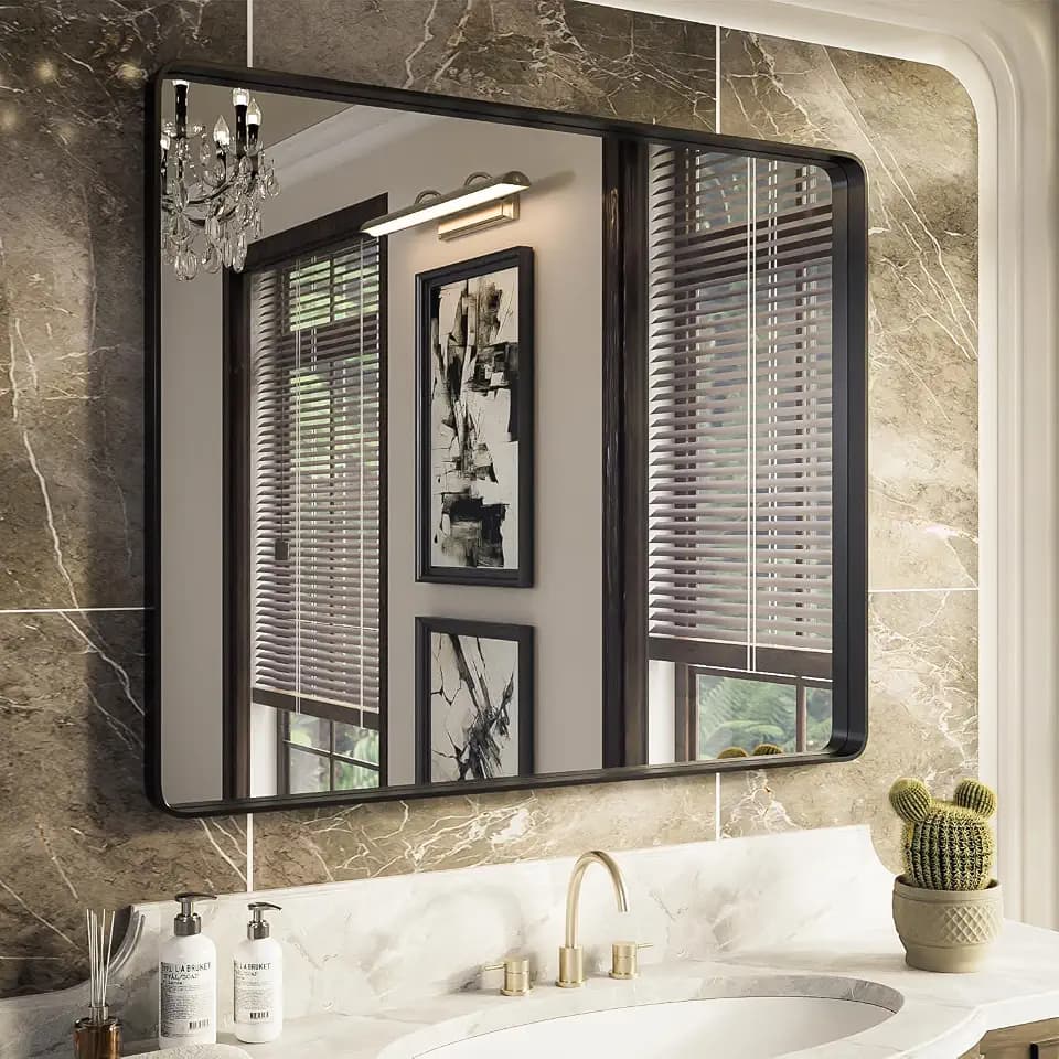 ISKM Wall Mounted Mirror 40x32, Black Framed Bathroom Mirror, Round Corner