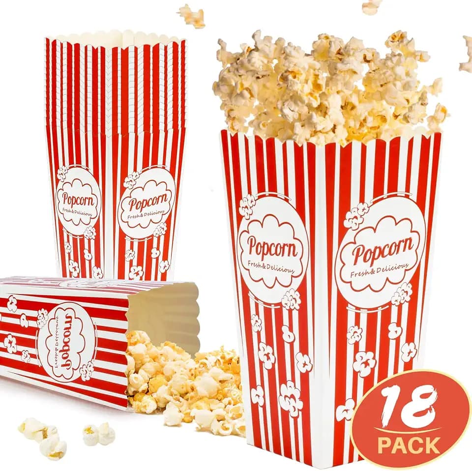 MAQIHAN 18 Popcorn Boxes Easy Assembly - 46oz Square Popcorn Bowls Square Buckets Containers Tub Paper Cups Holders Disposable Halloween Carnival Christmas Movie Night Party Individual Servings