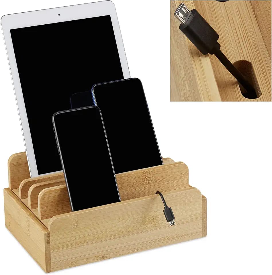 Relaxdays Ladestation Bambus, für mehrere Geräte, Tablet & Smartphone, Kabelbox Organizer, HxBxT: 10 x 22,5 x 15, Natur