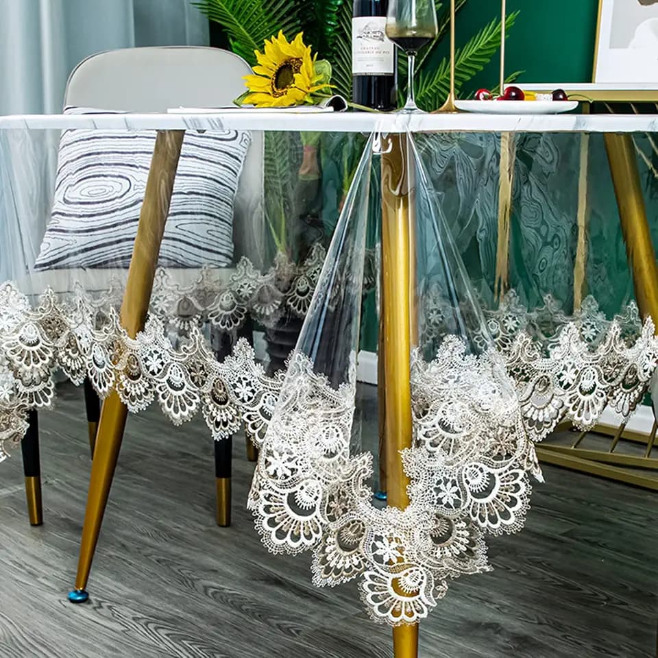 Jeloris Plastic Clear Rectangle Tablecloth Vinyl PVC Waterproof Tablecloth Embroidered Lace Edge Transparent Table Cover for Kitchen Dining Coffee Table (43x62 inch, Khaki Fan)
