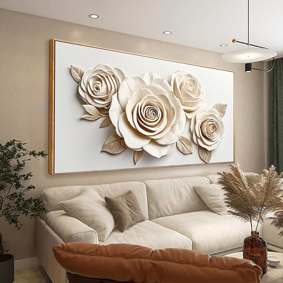 Large Framed White Flower Wall Art for Living Room Wall Decor 29x58 ln