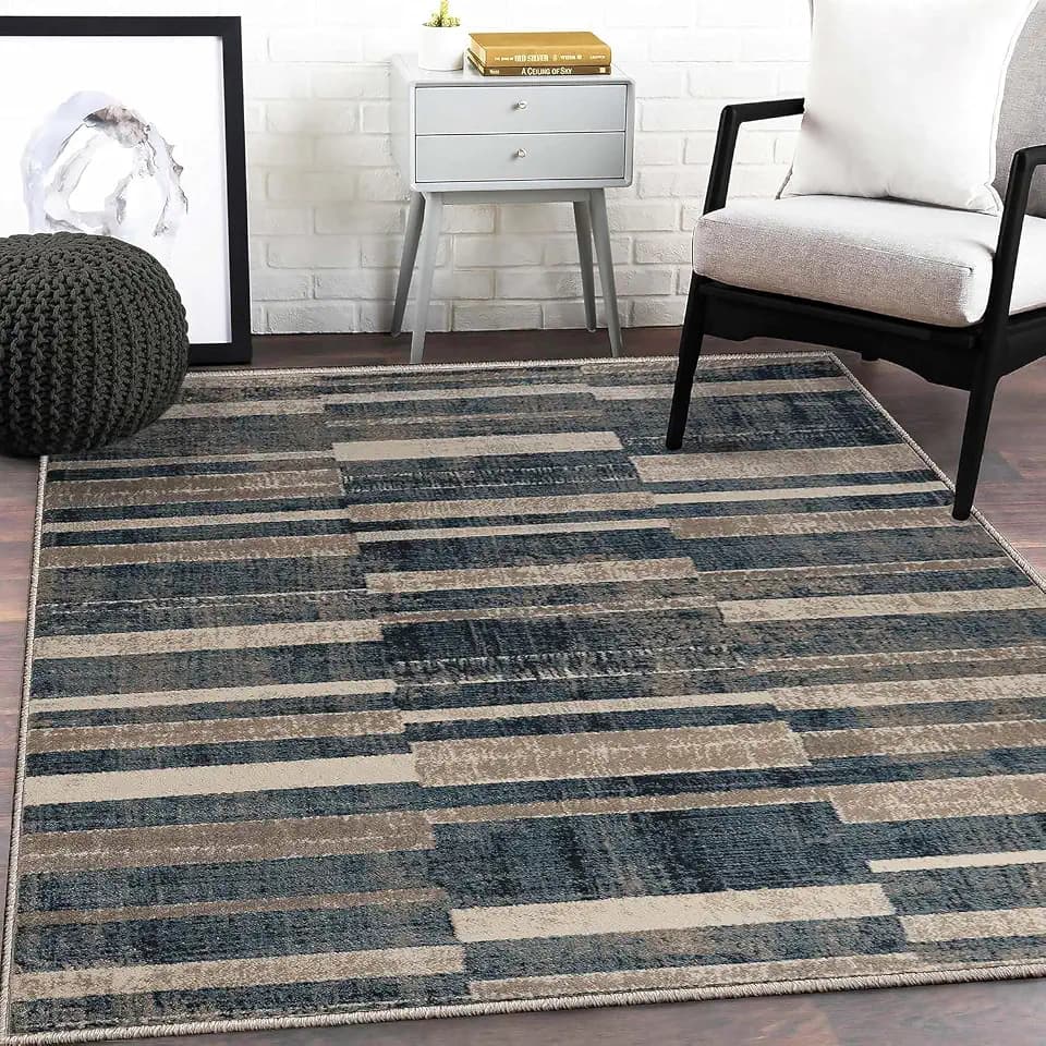 Superior Indoor Area Rug, Jute Backing, Soft Modern Rugs for Dining, Family, Kitchen Floors, Office Floor Cover, Plush Striped Rugs, Radko Collection, 8' x 10', Blue/Cream