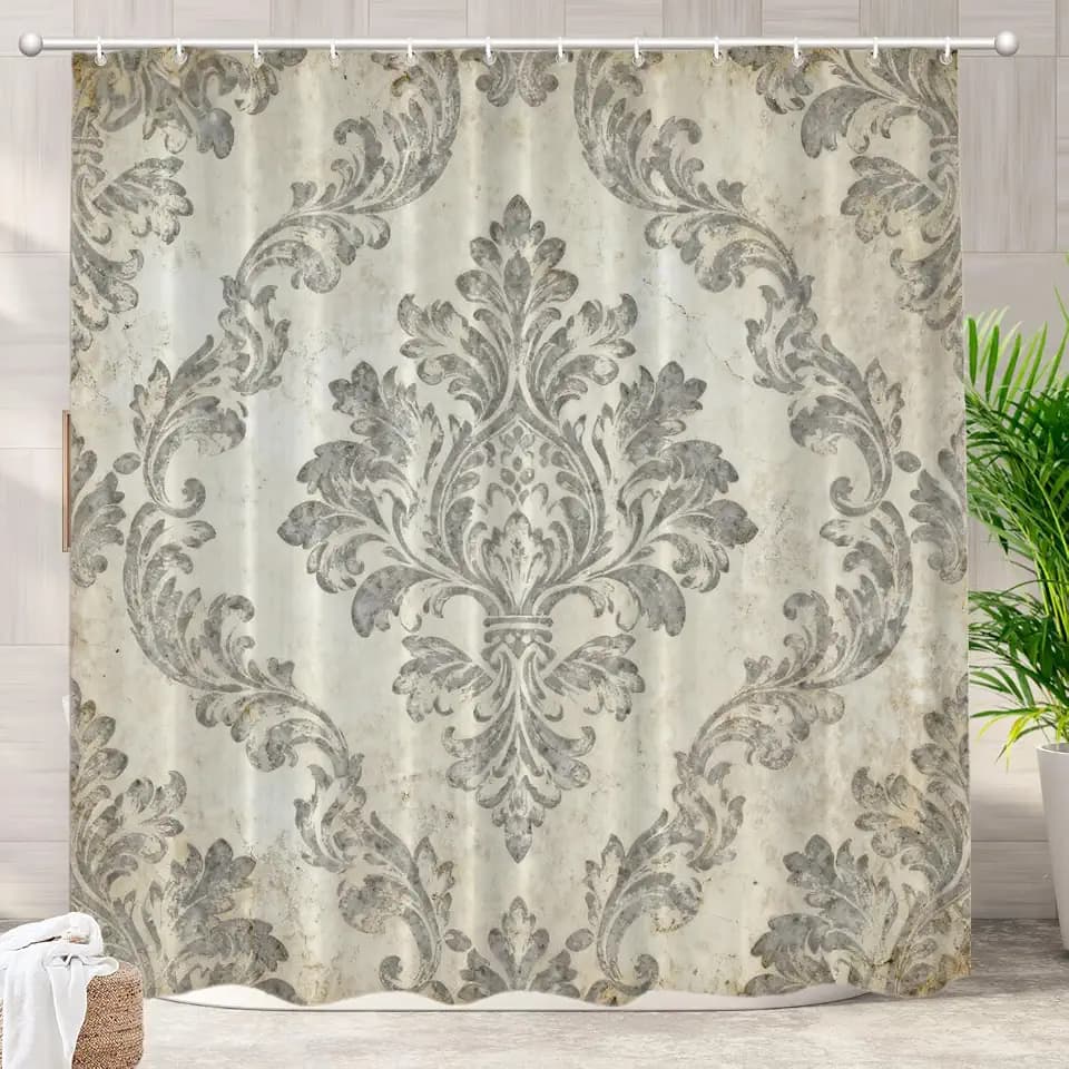 Batmerry Antique Damask Floral Decor Shower Curtain, Luxury Baroque Elegance Imperial Bathroom Decor Polyester Fiber Plastic Rings Quick-Drying Waterproof for Bathtubs/Bathroom, 72x72 inches