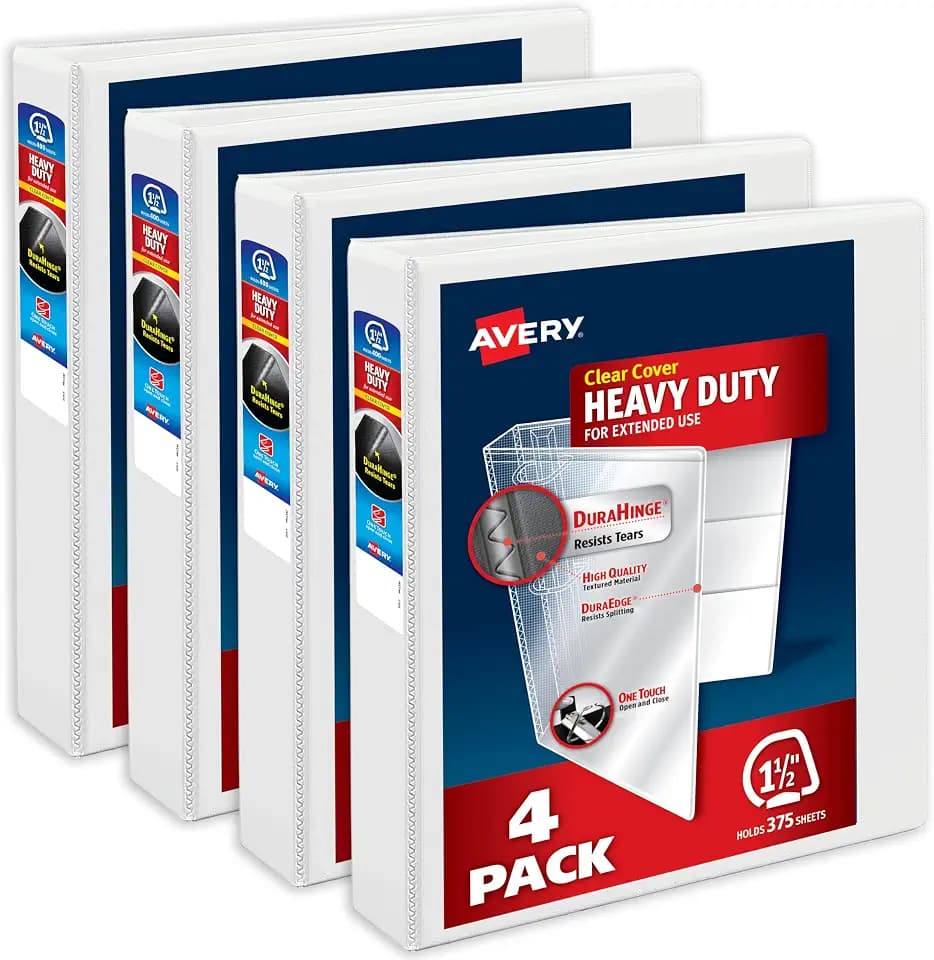 Avery Heavy-Duty View 3 Ring Binders, 1.5" Rings, 4 White Binders