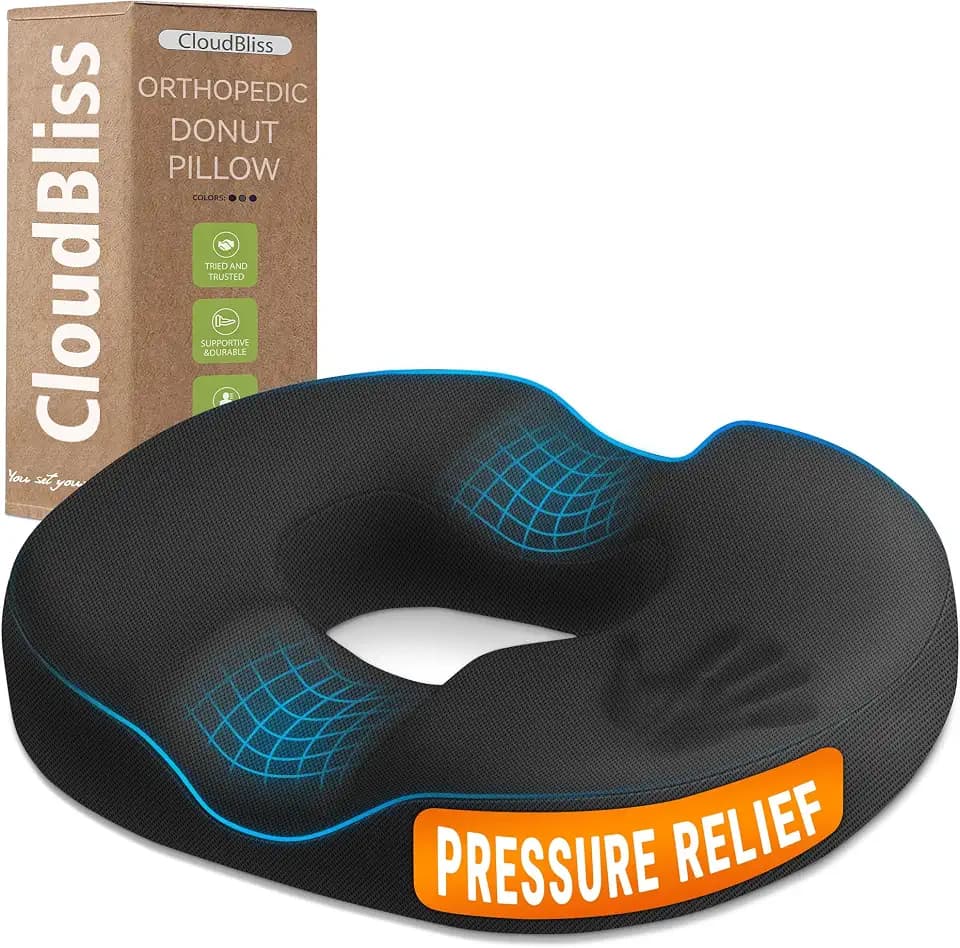 CloudBliss Donut Pillow Stadium Seat Cushion for Tailbone Pain Relief and Hemorrhoids, Memory Foam Seat Chair Cushion, Portable Seat Cushions for Bleachers, Car, Home & Office