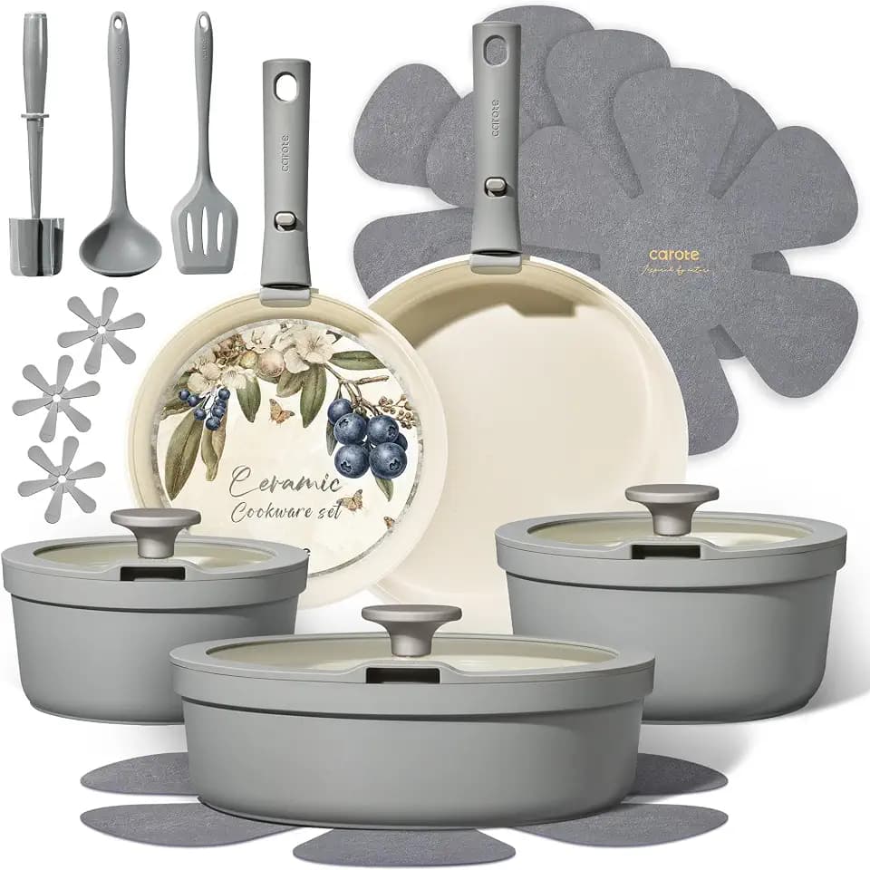 CAROTE 20pcs Ceramic Cookware Sets, Nonstick Pots and Pans Set Non Toxic