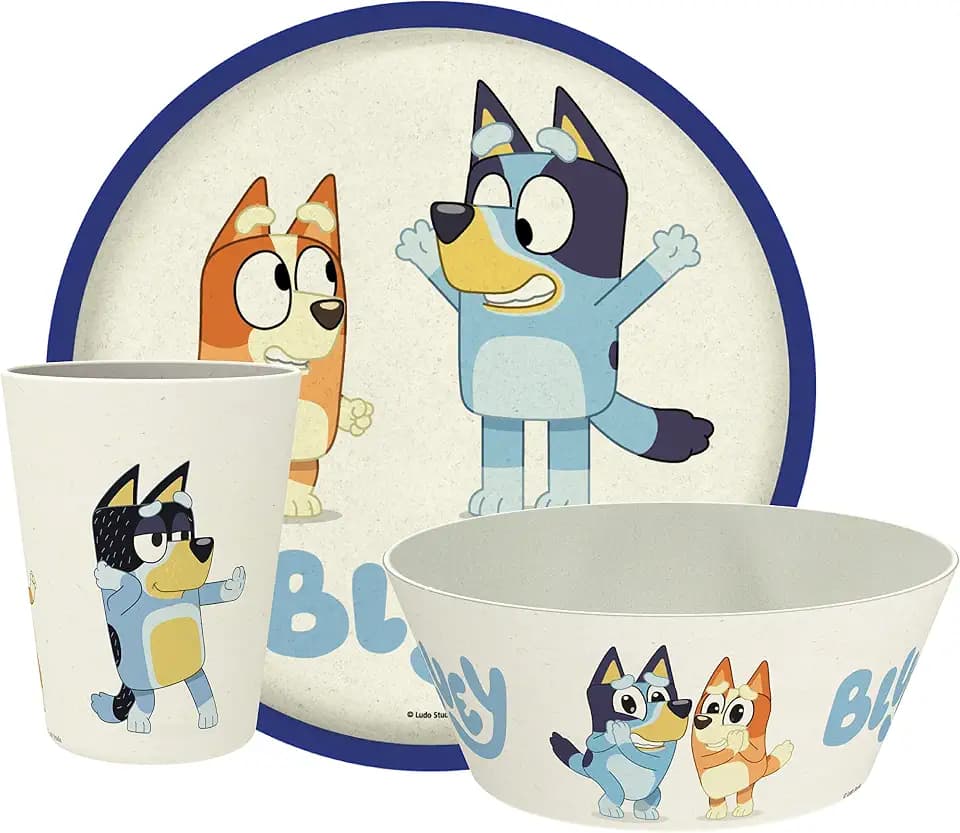 Zak Designs Bluey Kids Dinnerware Set 3 Pieces, Durable and Sustainable Melamine Bamboo Plate, Bowl, and Tumbler are Perfect For Dinner Time With Family (Bluey, Bingo, Bandit, Chilli)