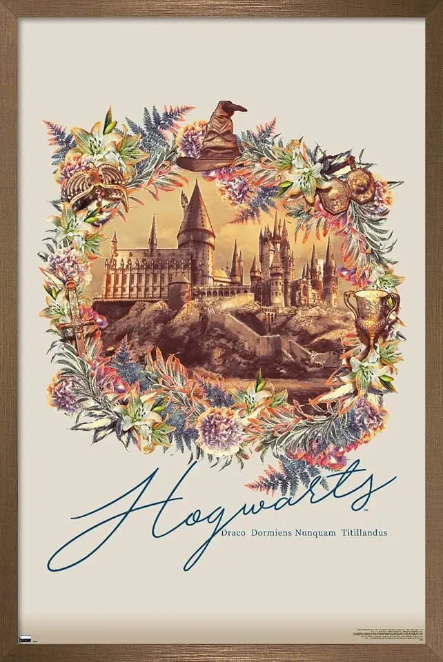 Trends International The Wizarding World: Harry Potter - Floral Hogwarts Wall Poster, 22.375" x 34", Bronze Framed Version