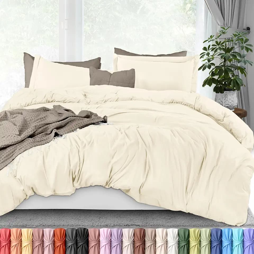 Duvet Cover Full, 3 Piece Cotton Like Polyester with Zipper Closure, Ivory