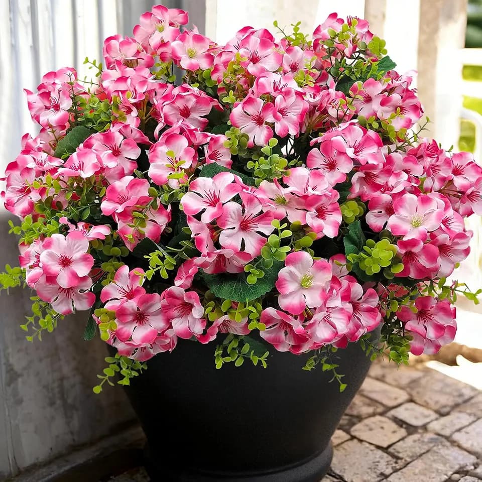 Artificial Geranium Flowers for Outdoor Decoration, 6 Bundles UV Resistant Silk Geranium Fake Plants Faux Flowers for Front Porch Garden Patio Window Box Outside Indoor Decor (Pink)