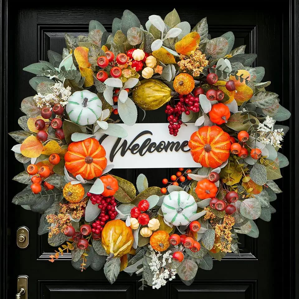 Fall Wreaths for Front Door 24" Welcome Pumpkin Harvest Autumn Wreath