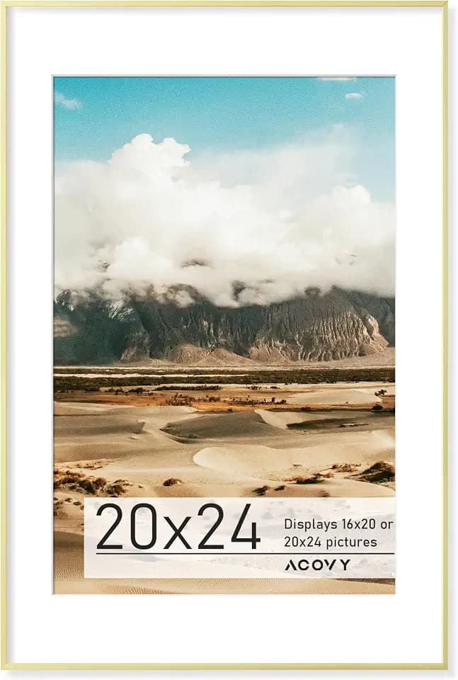 Acovy 20x24 Poster Frame, 20x24 Frame with Mat for 16x20, Premium Aluminum 20 x 24 picture frame, HD Tempered Glass, Metal Photo Frame 24x20 for Wall Display, Wall Hook Included (Gold, Pack of 1)