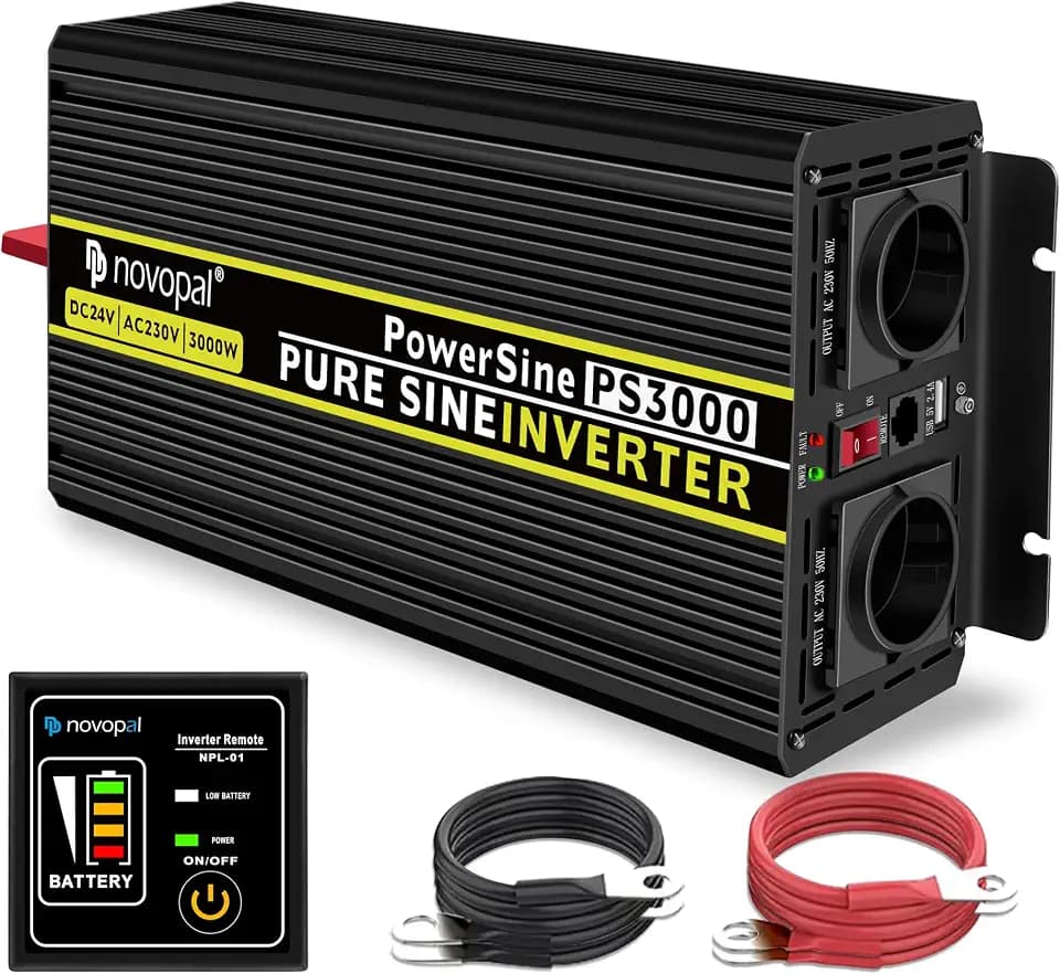 NOVOPAL 24v Wechselrichter 3000w Reiner Sinus spannungswandler 24v 230v Umwandler - Inverter Konverter mit 2 EU Steckdose und USB-Port - inkl. 5 Meter Fernsteuerung - Spitzenleistung 6000 Watt