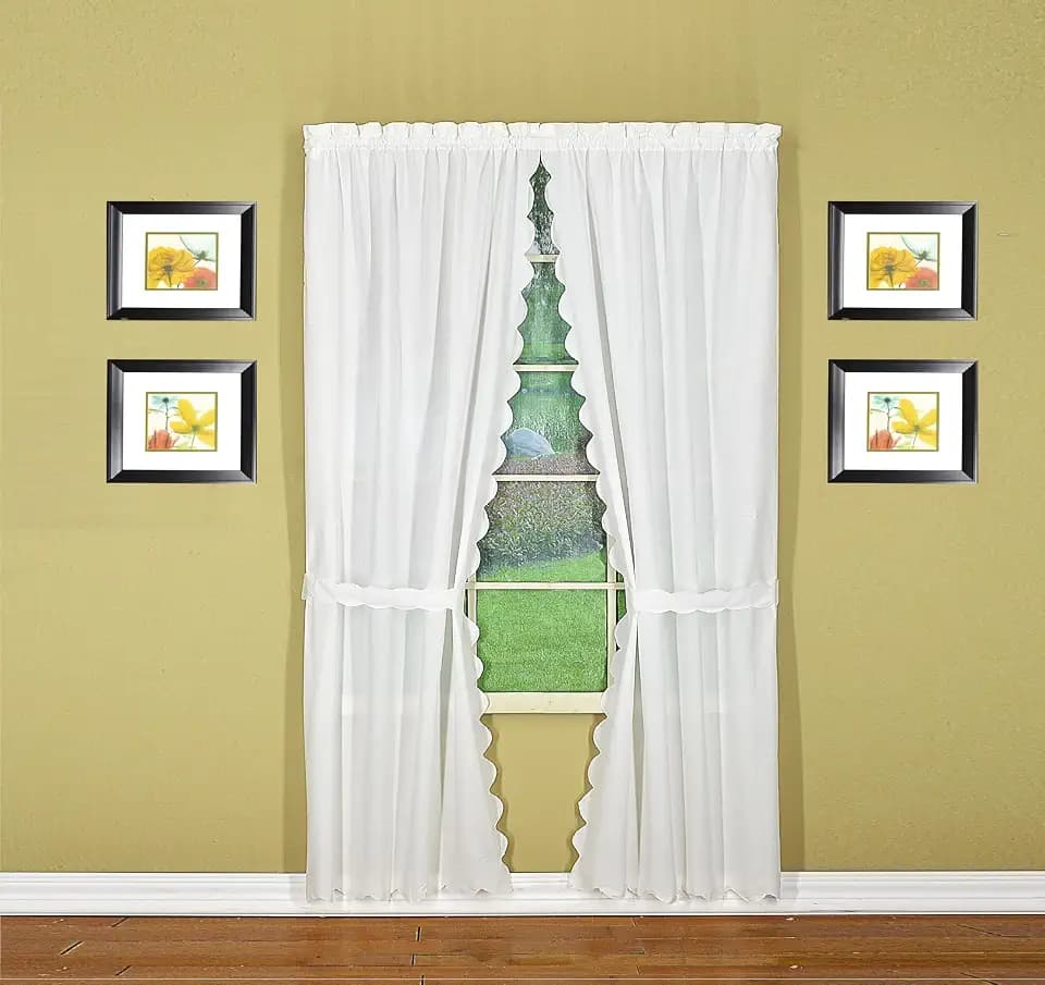 Today's Curtain, Orleans Scallop Curtain, White 84" Panel Pair and Tieback,4-Piece-Set, 60" W x 84" L, White