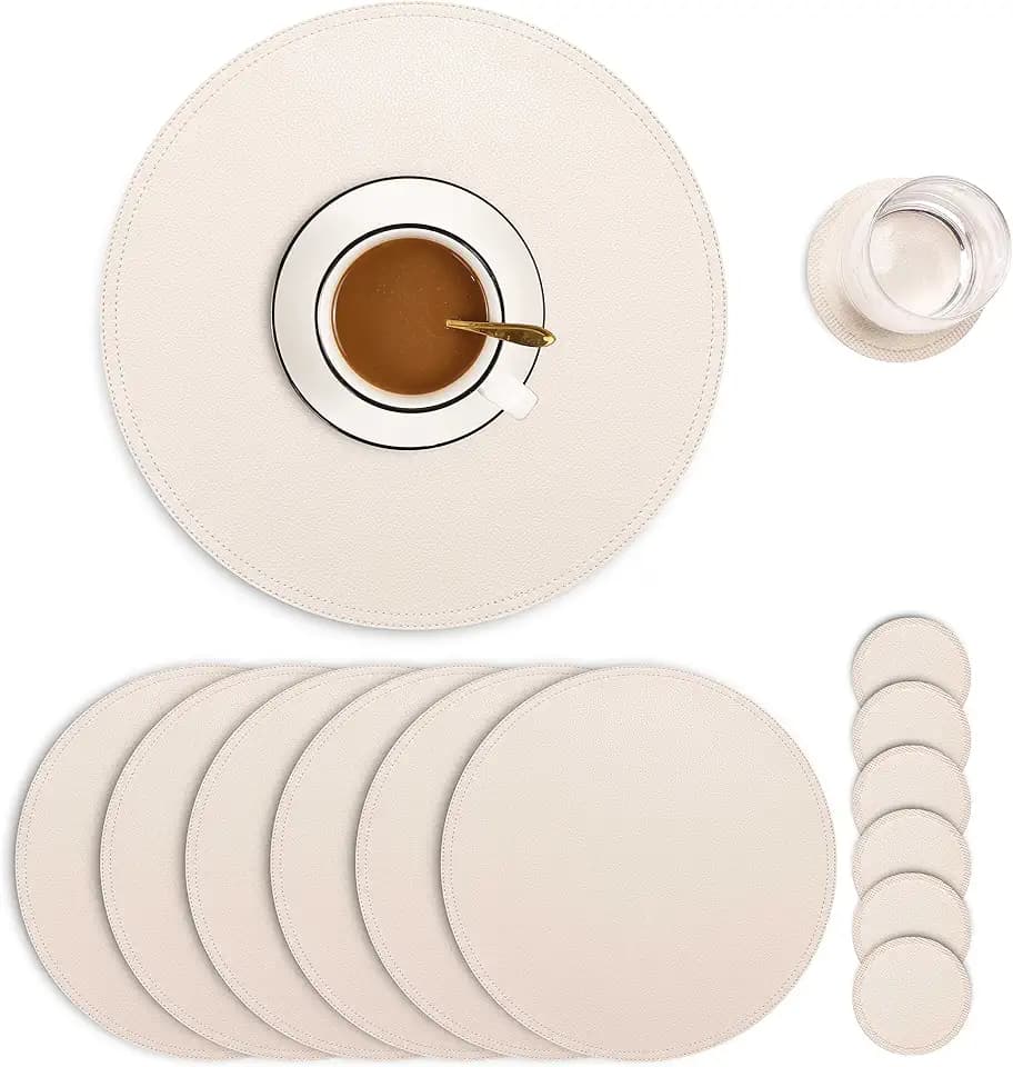 Set of 6 Faux Leather Round Placemats and Coasters, Coffee Mats Kitchen Table Mats, Waterproof, Easy to Clean for Kitchen Dining Round Table
