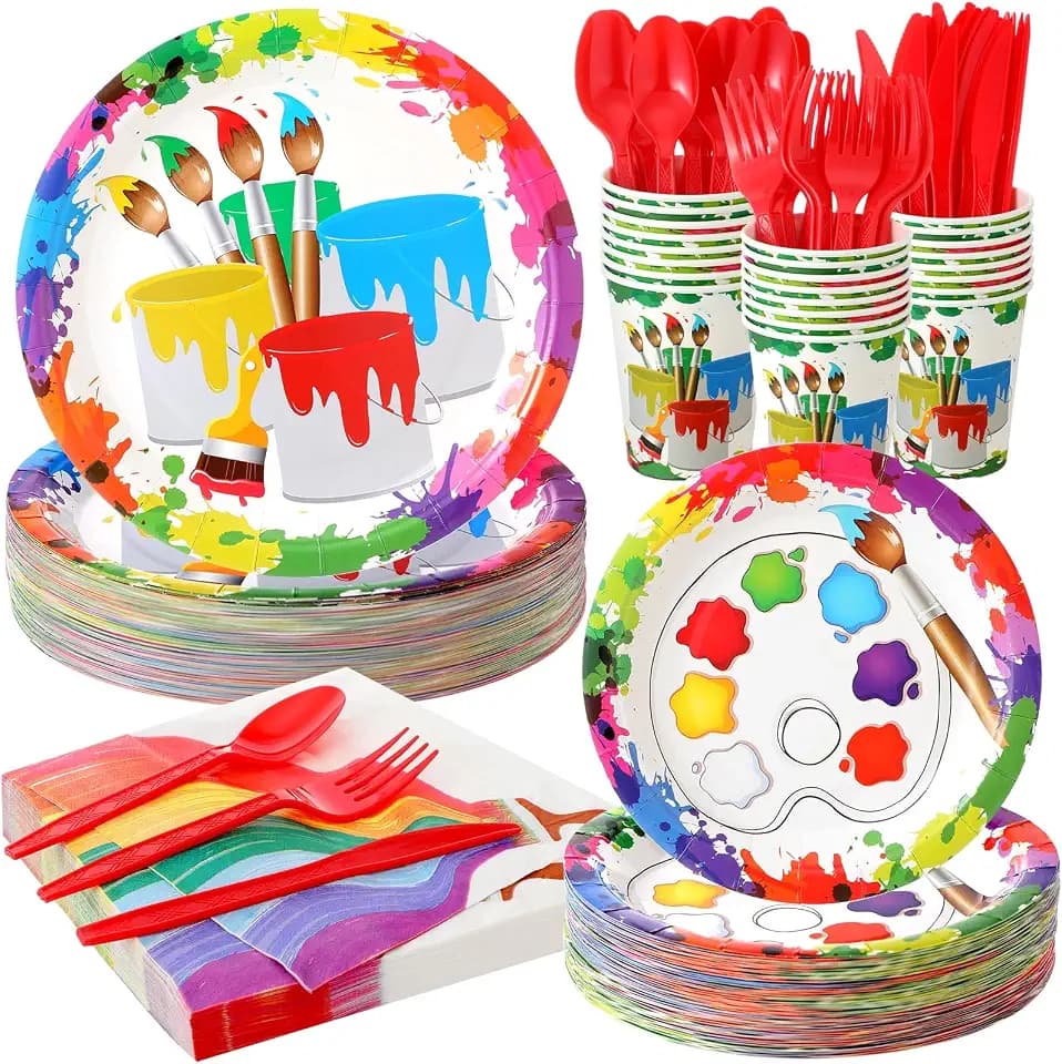 Uiifan 350 Pcs Paint Party Decorations Art Party Supplies with 100 Painting Plates 50 Napkins 50 Paper Cups 150 Plastic Silverware Disposable Dinnerware Set for Art Birthday Table Decor