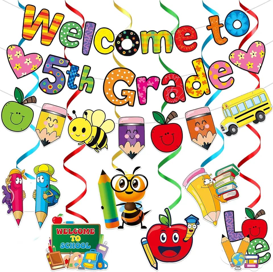 TTDQ Welcome To 5th Grade Banner First Day of 5th Grade Decorations Welcome Back to 5th Grade Banner with Hanging Decorations Back to School Decorations 5th Grade Classroom Decorations