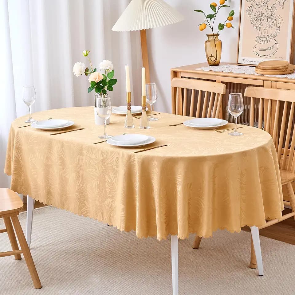 Oval Tablecloth 60x84 Inch Golden Table Cloth Leaves Pattern Scalloped Edge Silky Soft Fabric Waterproof Wrinkle Free Washable Table Cover for Kitchen Dinning Party Decoration
