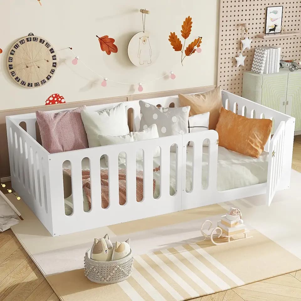 Bellemave Twin Size Kids Montessori Floor Bed,Twin Size Floor Bed Frame with High Fence and Door,Solid Wood Montessori Bed for Girls Boys,White