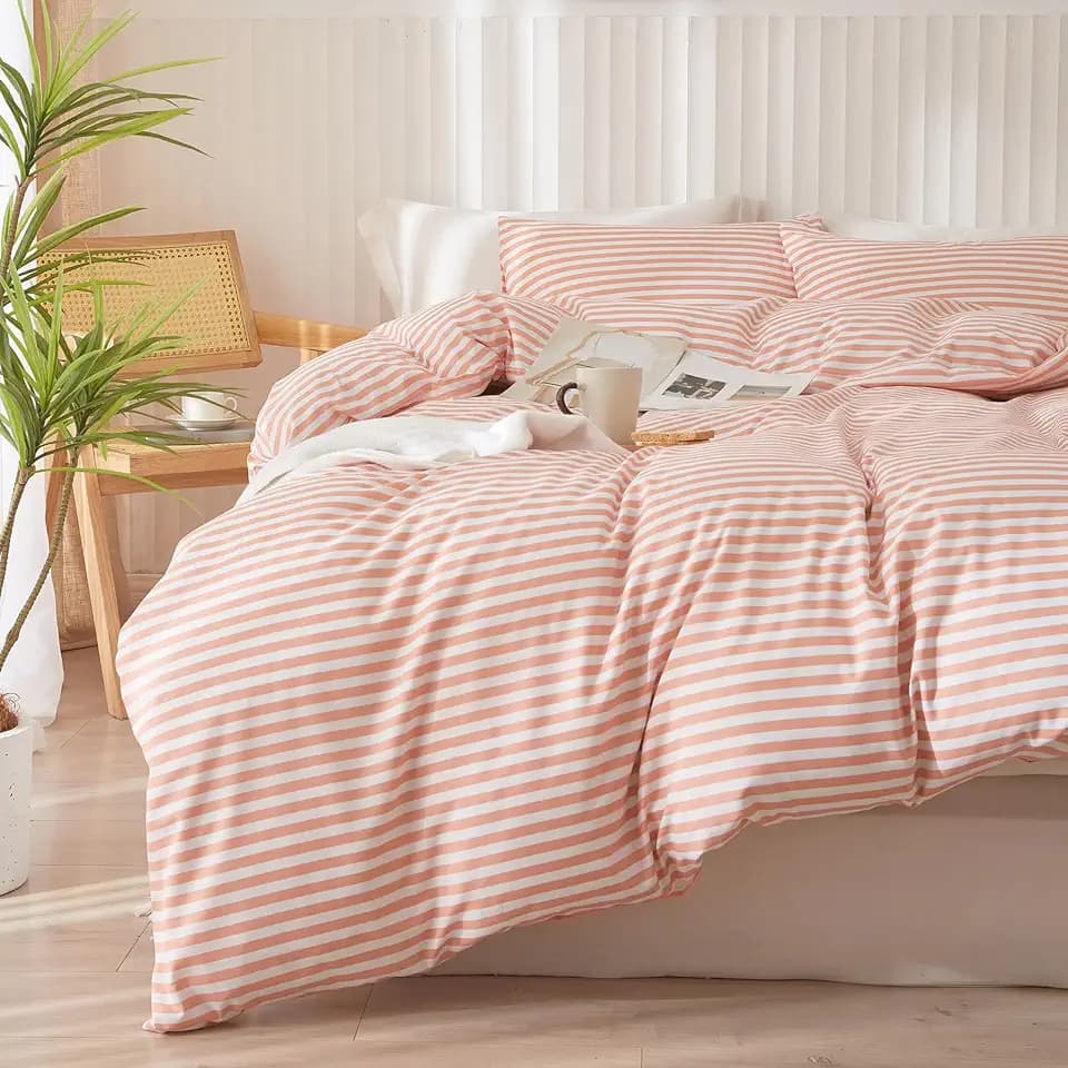 Full Comforter Set Pink White Stripes Pattern Comforter Full Modern Style Striped Comforter with 2 Pillowcases Lightweight 3 Pieces Boho Bedding Comforter Farmhouse Striped Fluffy Comforter Set