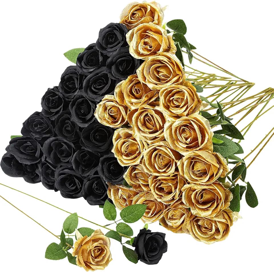 36 Pcs Silk Black Gold Rose Bouquet Bridal Artificial Flowers