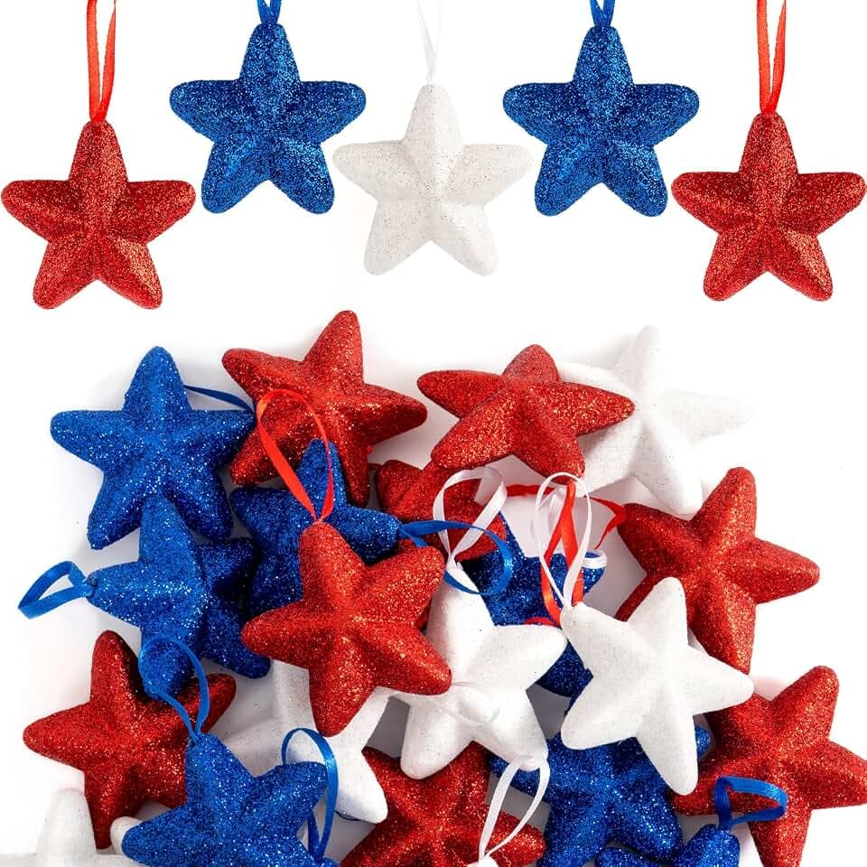 4th of July Decorations Ornaments for Tree, Memorial Day Tree Decorations, 24pcs Red White Blue Decor Patriotic Ornaments 2.5 Inch Hanging Stars for Independence Day Veteran Day Home Decor