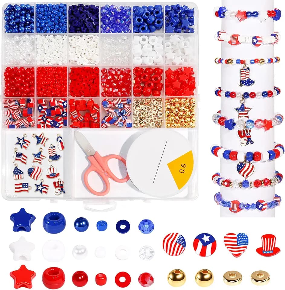 1900PCS Red White and Blue Beads,4th of July Beads Patriotic Star Shaped Bracelet Beads American Pony Beads Memorial Day DIY Jewelry Making Crafts