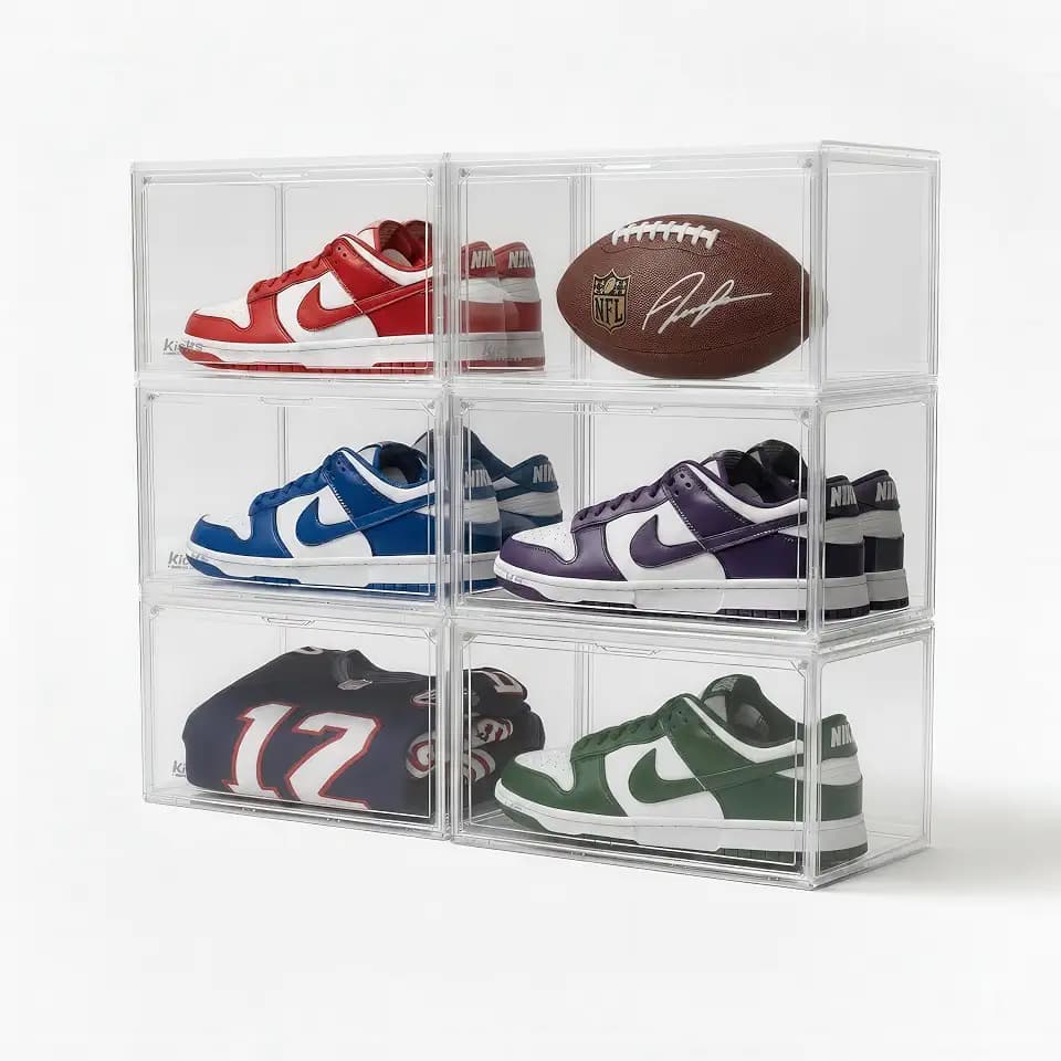 Kicks&Co 6 Pack XL Clear Shoe Storage Boxes with Magnetic Door | Stackable Shoe Organizer for Closet, Clear Plastic Sneaker Storage Boxes for Sneakers, Boots & Heels, Shoe Display Case, Fits Size 13