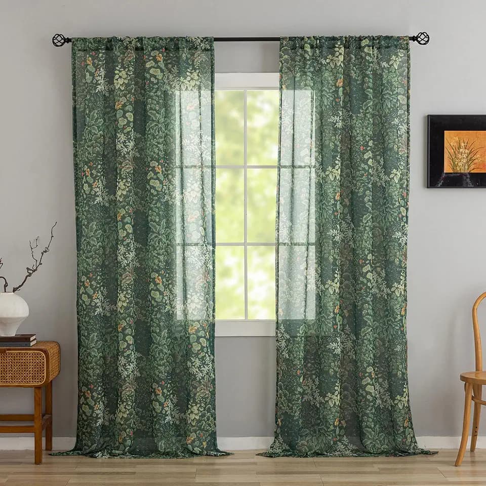 Green Pattern Sheer Curtains 95 Inch Length 2 Panels Vintage Boho Botanical Leaf Floral Curtains for Living Room, Rod Pocket Privacy Light Filtering French Country Cottagecore Sheer Drapes, 50x95 Inch