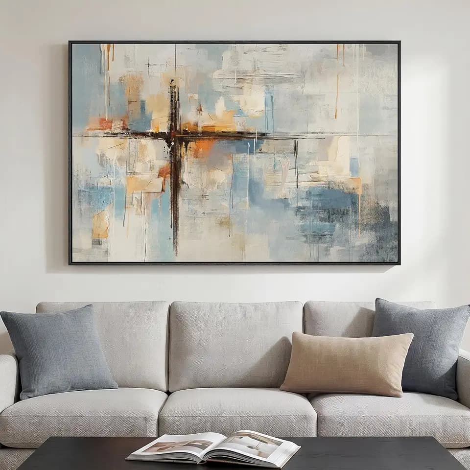 Extra Large Framed Blue Orange Abstract Cross Wall Art, Horizontal 60x40 In