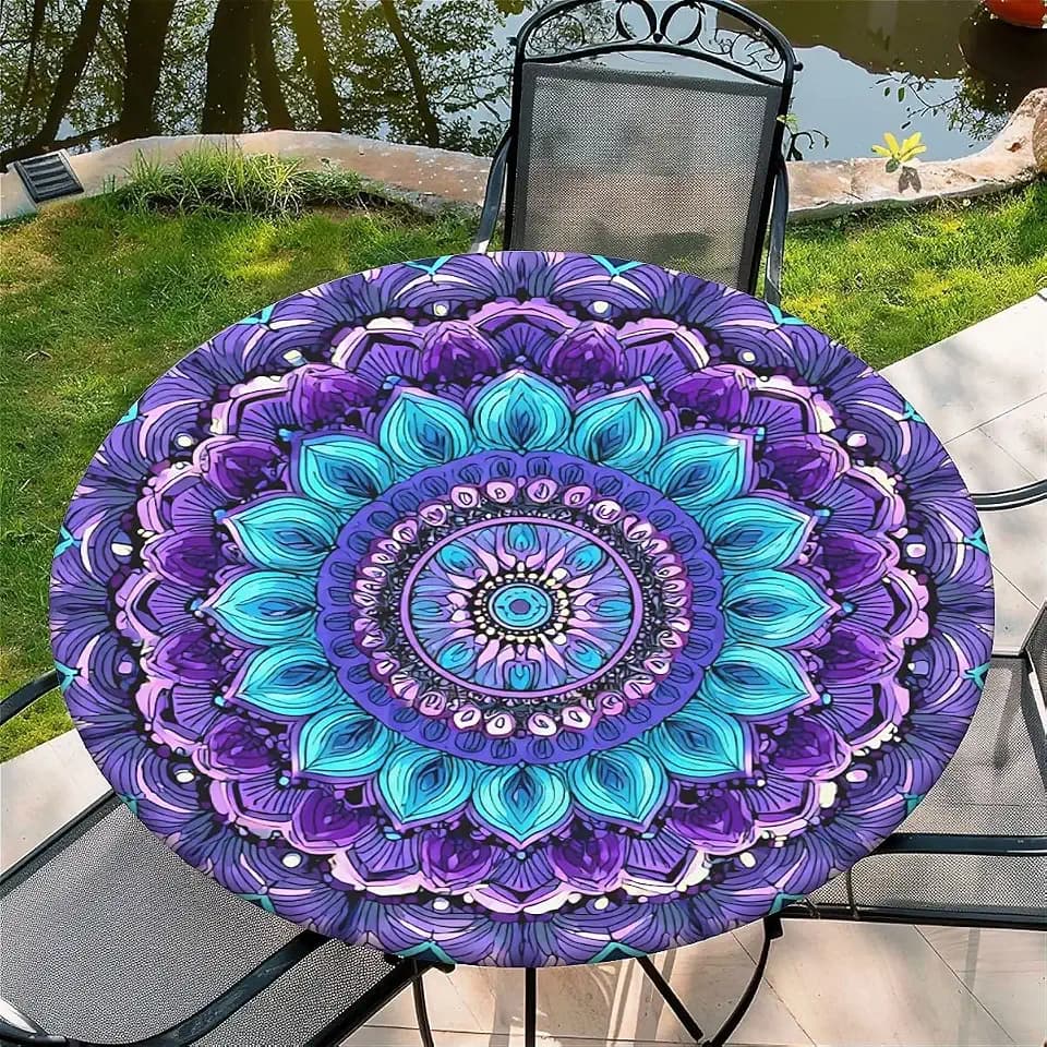 Round Fitted Tablecloth with Elastic Edge Design Table Cover Waterproof Table Cloth Stain-Resistant for 53"-60" Round Table for Dining, Picnic, Party, Decor, Outdoor, Bohemia Mandela