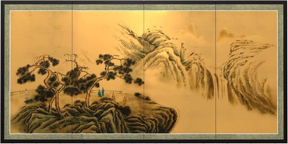 Red Lantern Mountaintop Waterfall on Gold Leaf