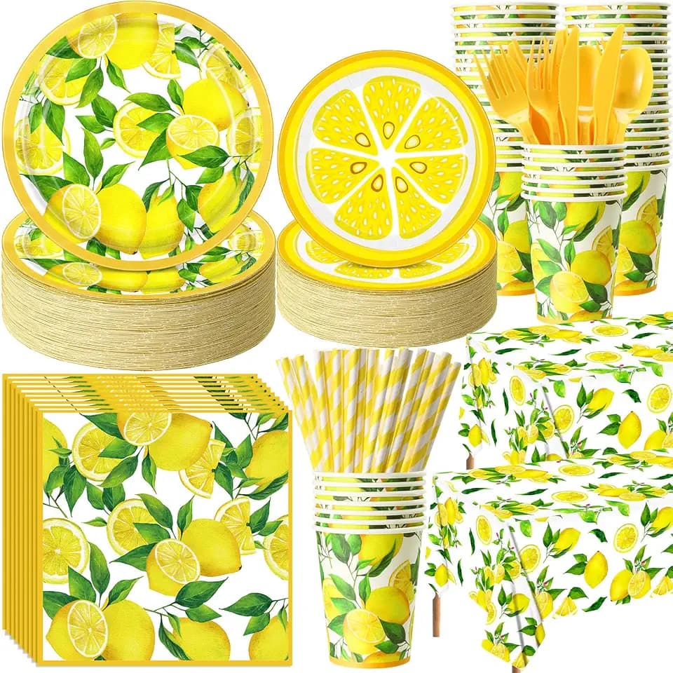 Funnymoom 452 Pcs Lemon Party Decorations, Yellow Lemons Paper Plates Napkins Cups Tablecloth Cutlery Straws for Summer Fruit Theme Birthday Wedding Baby Shower Party Supplies, Serves 50