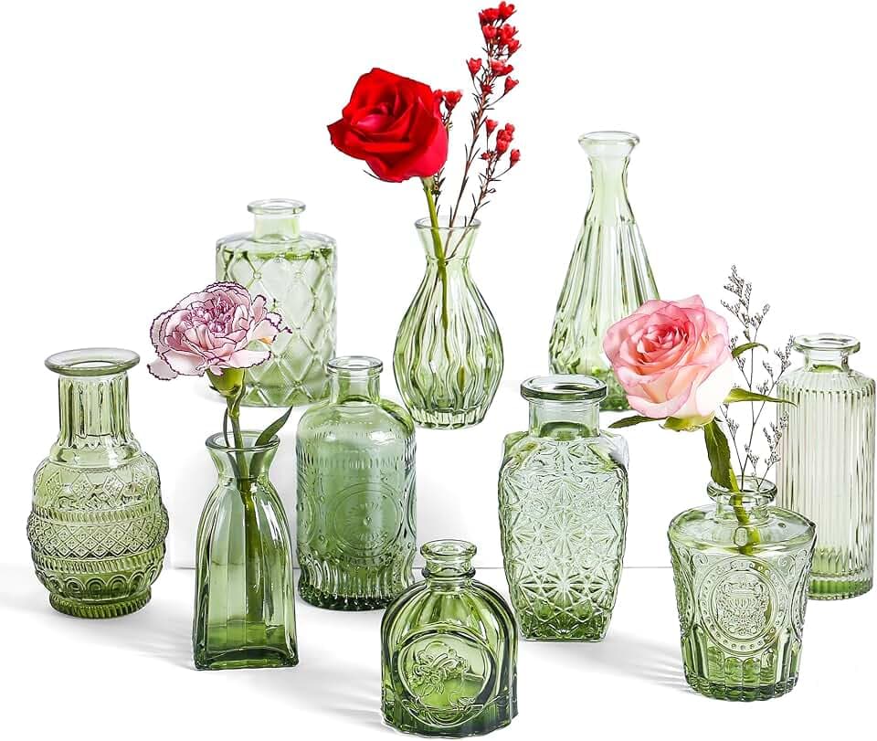 Dark Green Glass Bud Vases, Set of 10 Wedding Table Centerpiece