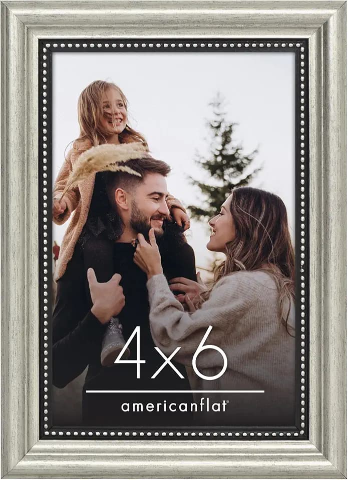Americanflat Vintage Frames - 4x6 Picture Frame with Elegant Beaded Accents and Shatter-Resistant Glass - Antique Frames for Tabletop and Wall Display - Silver Ornate Frame for Office or Home Decor