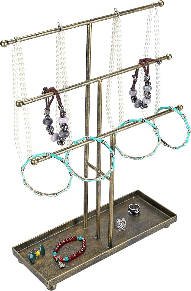 MyGift 3 Tier Brass Jewelry Organizer, Necklace & Bracelet Display Rack