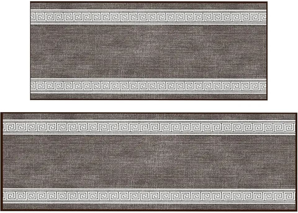 Ottomanson 2-Piece Machine Washable Kitchen Rug Set, Non Slip Kitchen Floor Mats & Runner, Low Profile, for Sink, Stove & Kitchen Island, 22.5" x 48" + 22.5" x 60", Greek Border Brown