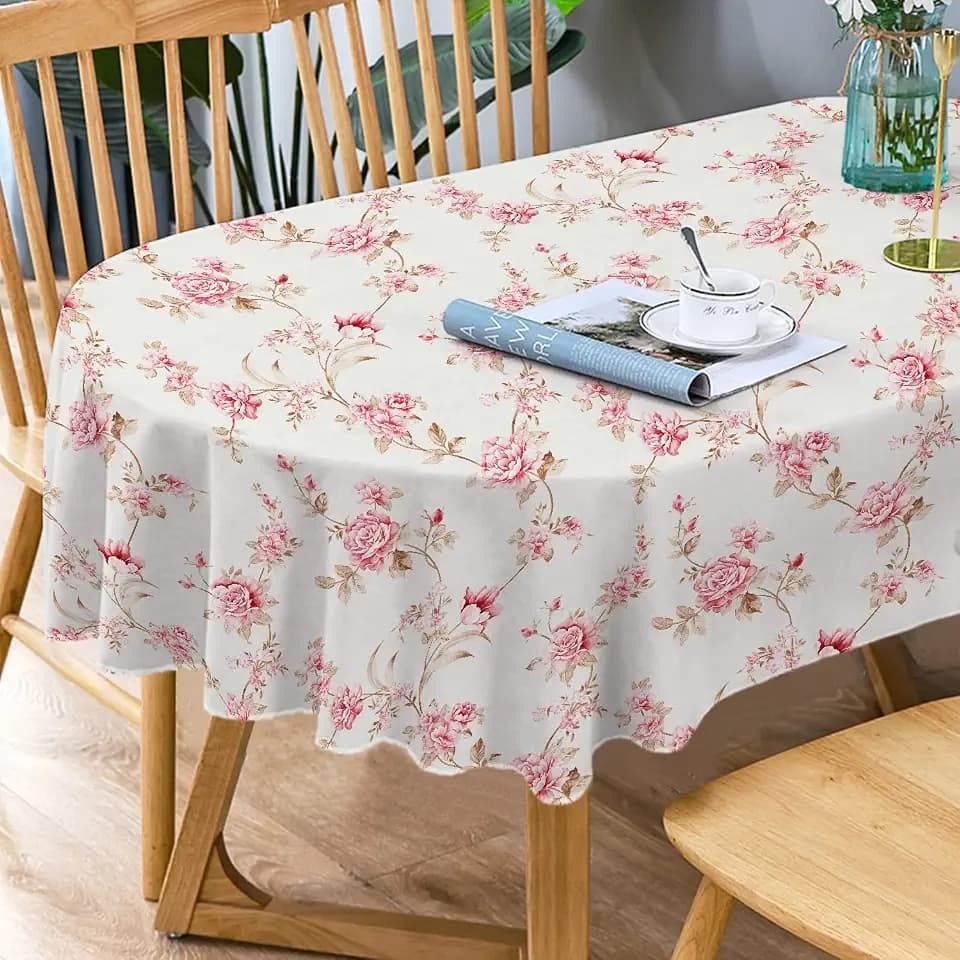 Bnejvif Oval Tablecloth Pink Floral Tablecloth, Modern Floral Oval Tablecloth, Pink Floral Tablecloth, Indoor/Outdoor Waterproof Wrinkle Free Durable Pink Tablecloth for Oval Tables 54 X 72 in