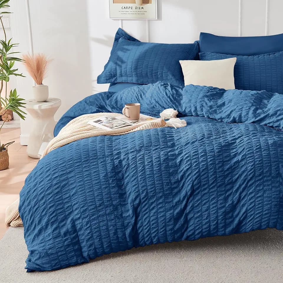 HYMOKEGE Teal Duvet Cover King Size, Ultra Soft 3-Piece Seersucker Duvet Cover Set with Zipper Closure, Soft Brushed Microfiber Bedding Set with 8 Corner Ties (104"x90", 2 Pillowshams)