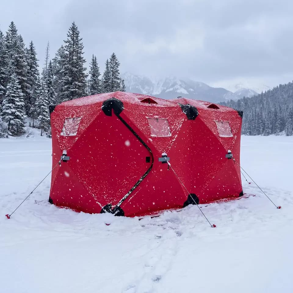 Ice Fishing Tent Insulated Pop Up Hub Style Ice Shanty, 11.6 x 6.5 x 6 ft Portable Ice Fishing Shelter for 6 to 8 People, Windproof Ice Fishing Hut with Carry Bag, Ice Anchors, Vents