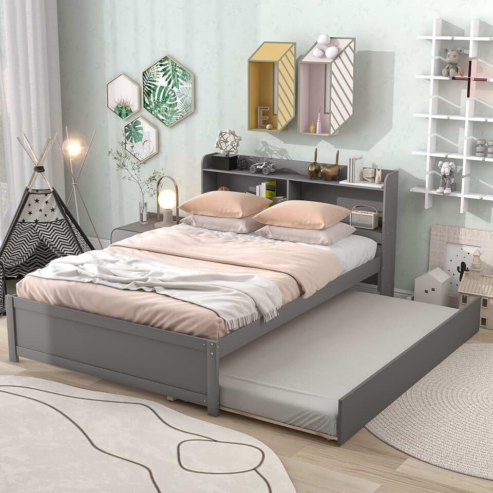 KEIKI Full Bed with Trundle and Bookcase Headboard, Captain’s Style Full-Size Bed Frame with Under-Bed Storage, Rubberwood Daybed, Space-Saving Design, Gray
