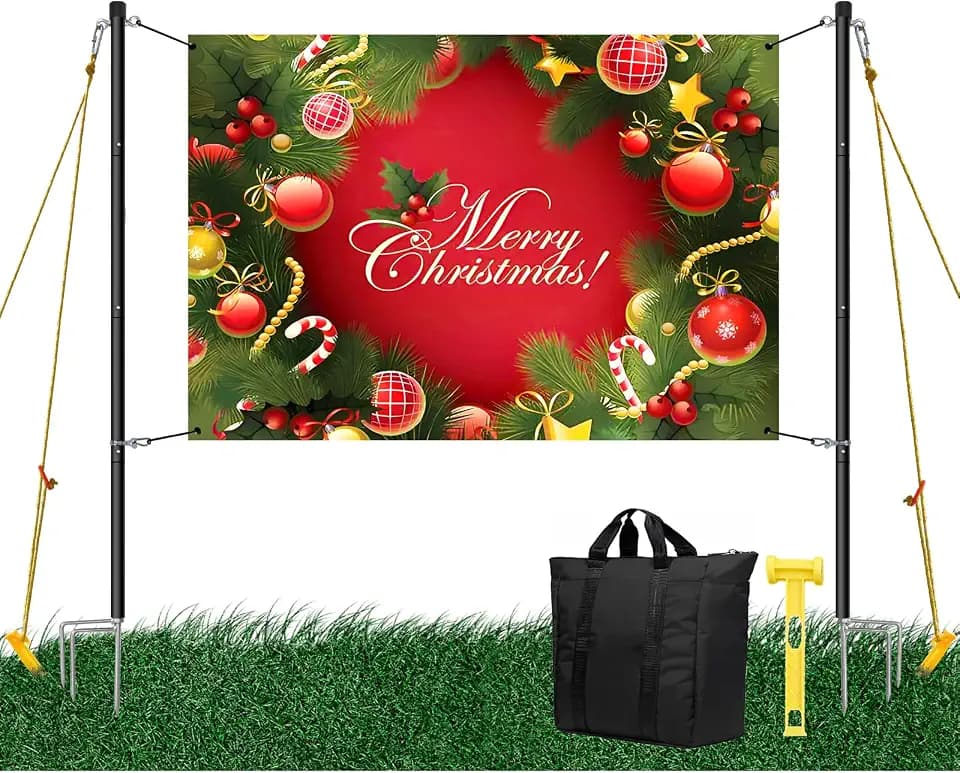 Banner Post Stand 5.2ft High, Adjustable Banner Pole with Ground Stakes, Outdoor Horizontal Banner Post for 3ft-10ft Length Outdoor Sign Holder Stand Display
