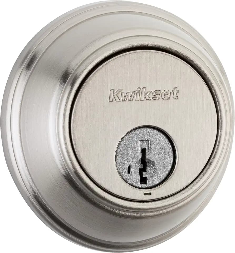 Kwikset 817 Deadbolt Lock, Satin Nickel Round Exterior Keyed Front Entry Door, Pick Resistant SmartKey Rekey Security, Single Cylinder Dead Bolt, with Microban Protection