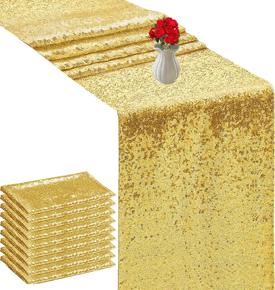 Gold Table Runners - Sequin Table Runner Glitter Table Runner for Birthday Party Supplies, 10 Pcs, Gold