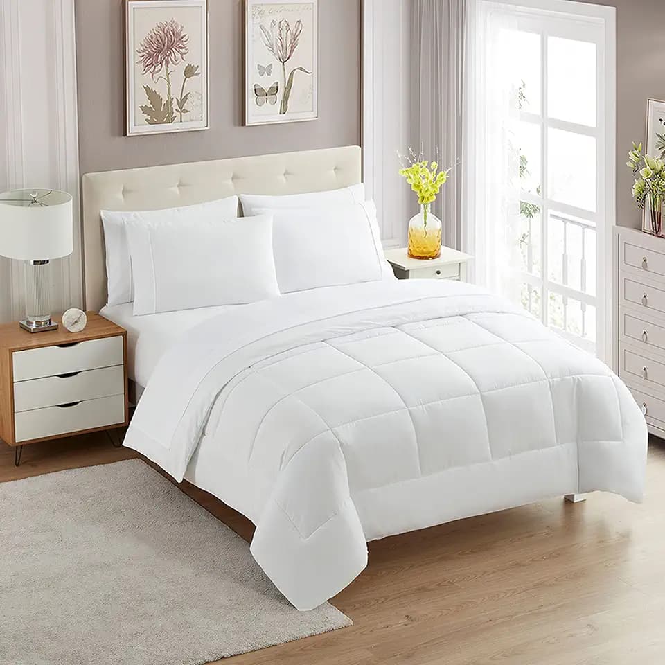 Sweet Home Collection 7 Piece Comforter Set Bag Solid Color All Season Soft Down Alternative Blanket & Luxurious Microfiber Bed Sheets, White, Full